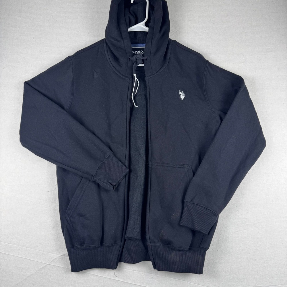US Polo Assn Mens Full Zip Hoodie Black Fleece Sweatshirt Size S Missing Zip